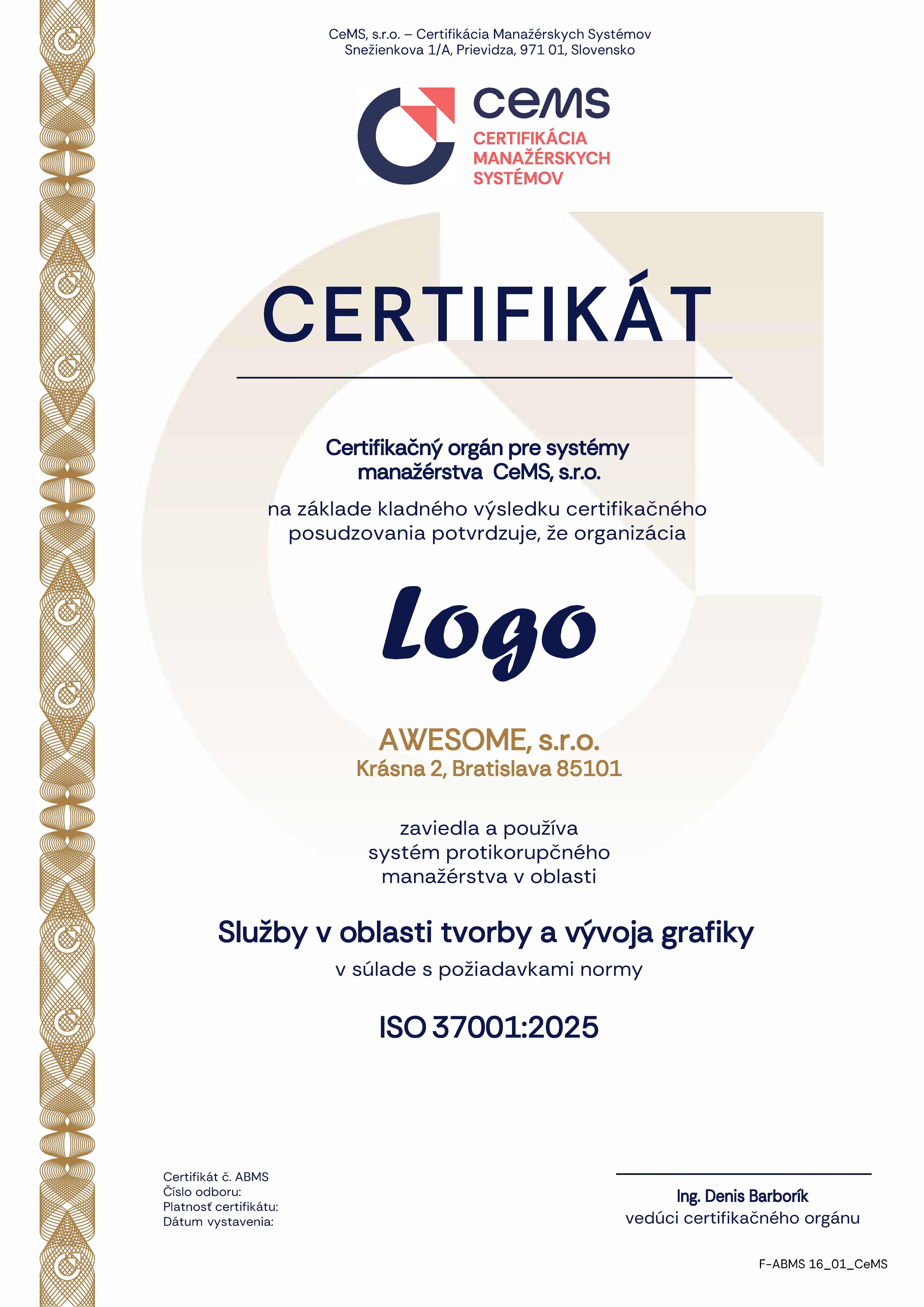 vzor certifikátu ISO 37001 od CeMS